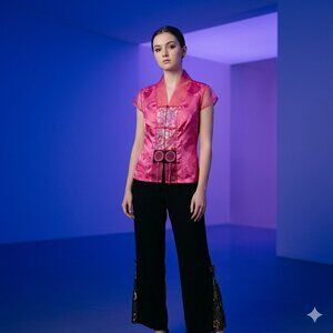 Small 2 PC Set Top & Pants Traditional Chinese Embroidered Embellished Gold Lace